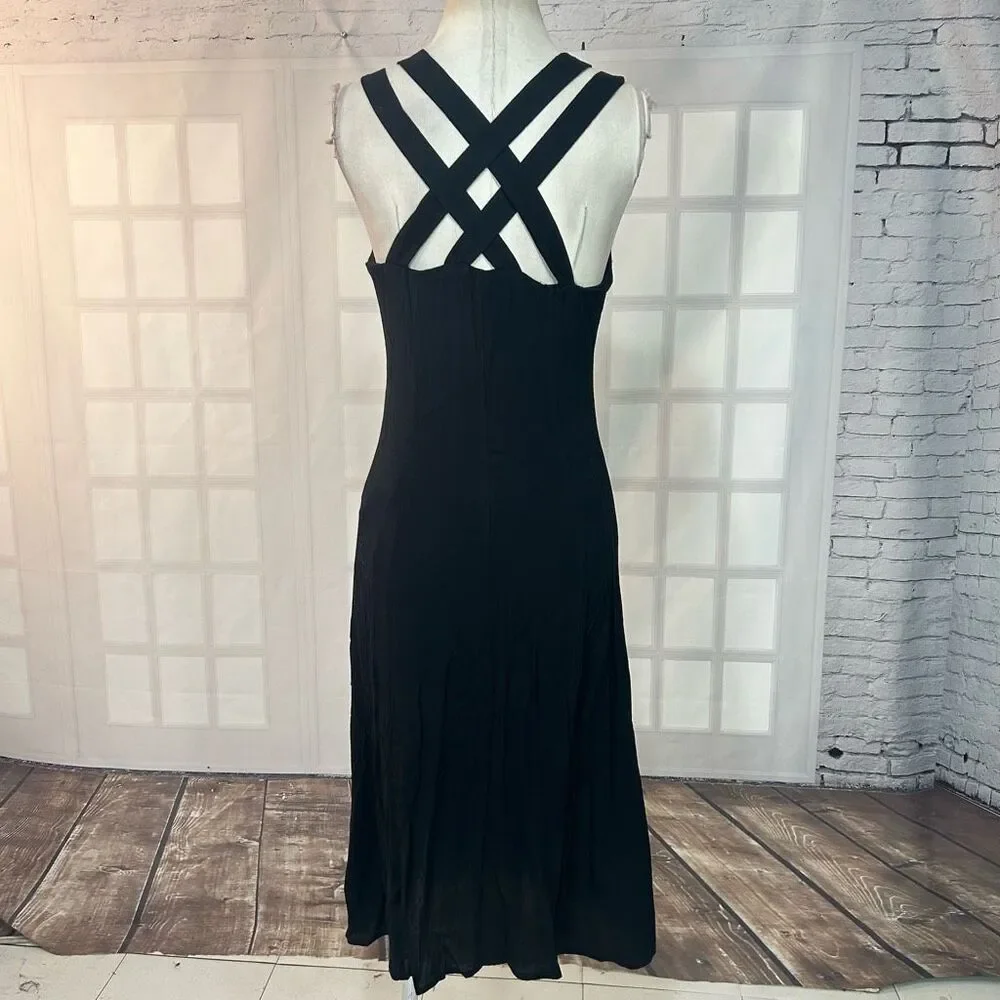 ROW A Black Strappy gold Button Down Midi Dress Size Small - Picture 6 of 10